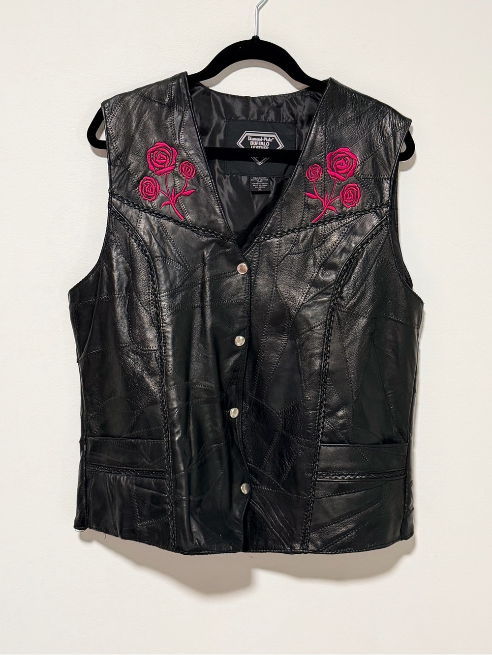 Women’s Diamond Plate Buffalo Black Leather Vest with Pink Rose Embroidery